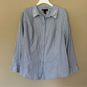 Lane Bryant Size 24 Striped Button Up Shirt Long Sleeve Rhinestone Collar Plus
